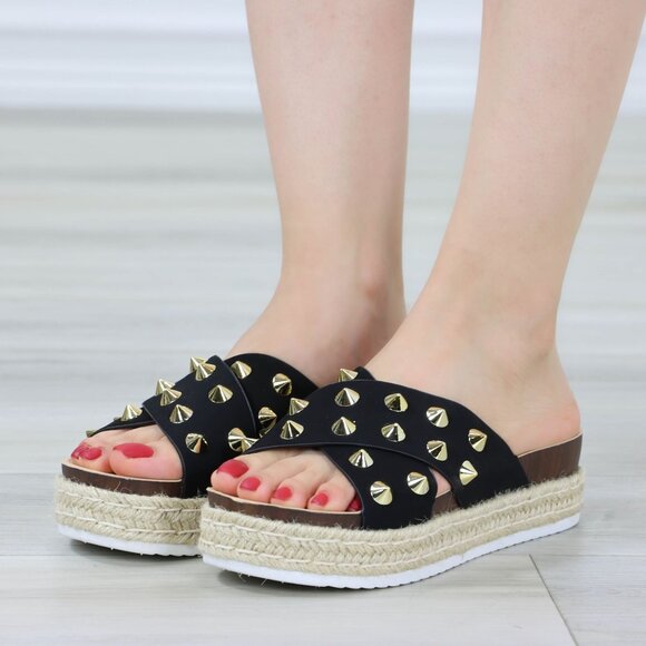 Black Platform Espadrille Sandals Crossover Gold Metal Stud Slip On Sliders - Picture 6 of 13